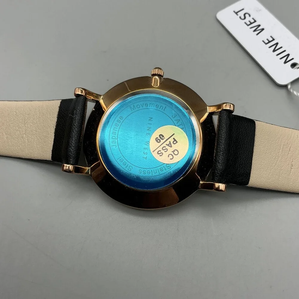 Nine West Womens Watch 36mm MOP Dial Rose Gold Black Faux Leather Minimalist